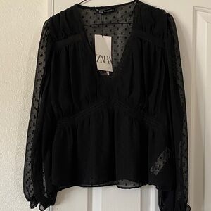 Zara Elegant Black Blouse with Sheer Details